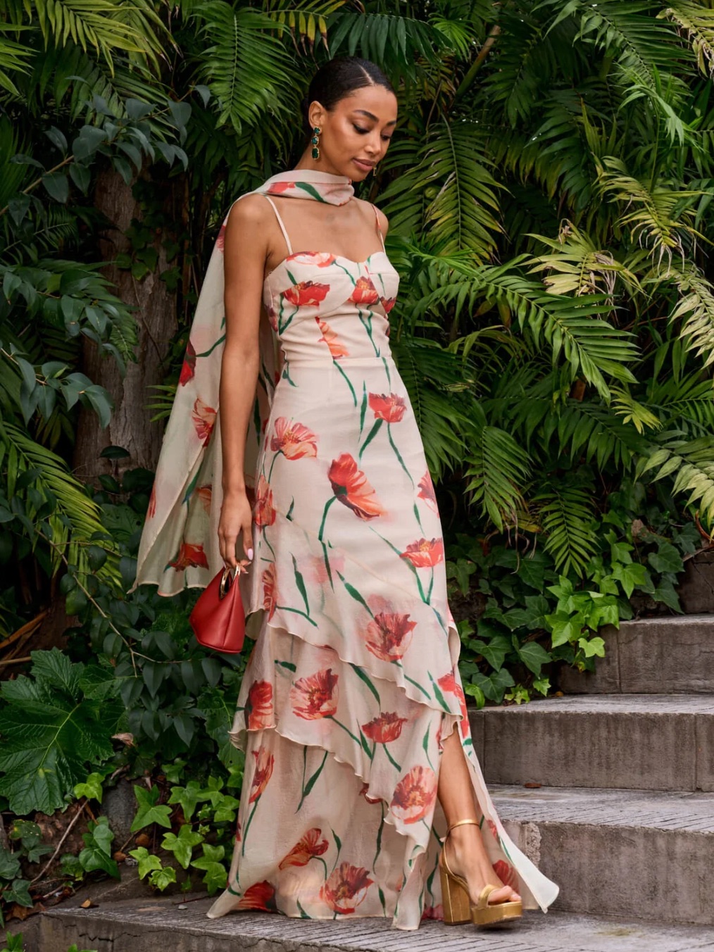 Miphai Red Floral Beige Maxi Wedding Guest Dress Ruffles